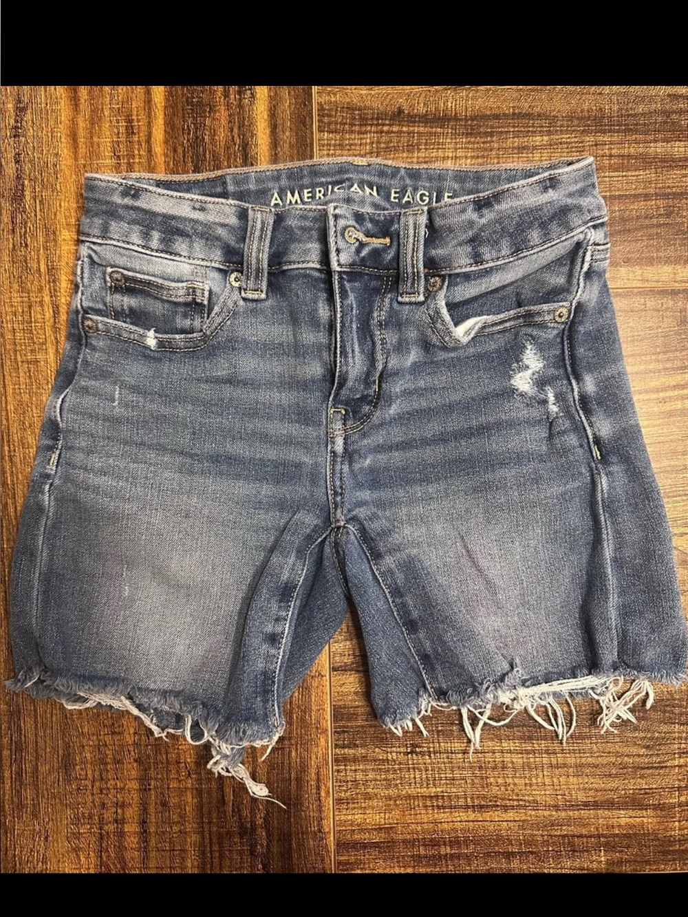 American Eagle Outfitters Midi Frayed Hem Distressed Jean Shorts - Blue
